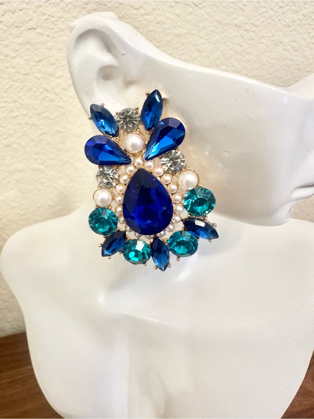 Statement Crystal Teardrop Cluster Earrings in Royal Blue & Teal w/Pearl Accent